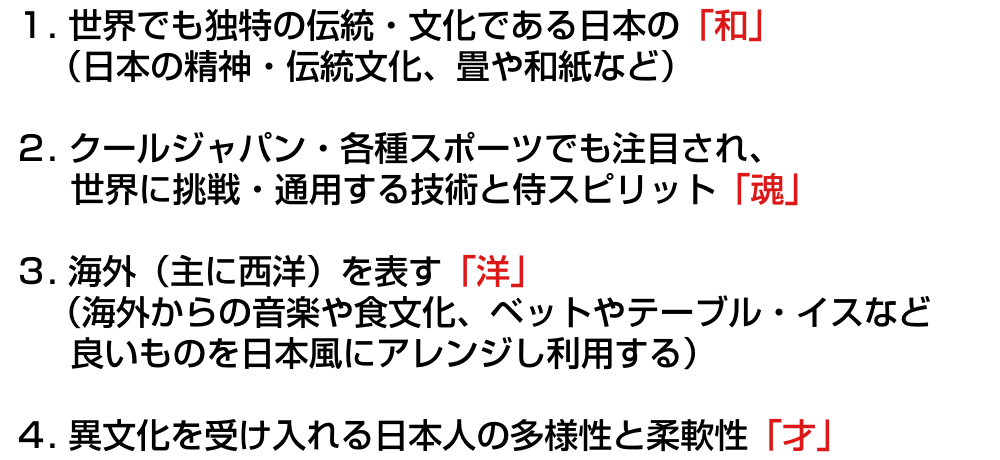 1. 世界でも独特の伝統・文化である日本の「和」(日本の精神・伝統文化、畳や和紙など)/2. クールジャパン・各種スポーツでも注目され、世界に挑戦・通用する技術と侍スピリット「魂」/3. 海外(主に西洋)を表す「洋」(海外からの音楽や食文化、ベットやテーブル・イスなどを良いものを日本風にアレンジし利用する)/4. 異文化を受け入れる日本人の多様性と柔軟性「才」