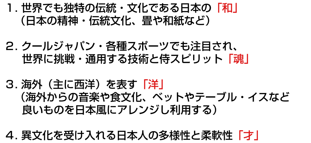 １. 世界でも独特の伝統・文化である日本の「和」（日本の精神・伝統文化、畳や和紙など）／２. クールジャパン・各種スポーツでも注目され、世界に挑戦・通用する技術と侍スピリット「魂」／３. 海外（主に西洋）を表す「洋」（海外からの音楽や食文化、ベットやテーブル・イスなどを良いものを日本風にアレンジし利用する）／４. 異文化を受け入れる日本人の多様性と柔軟性「才」