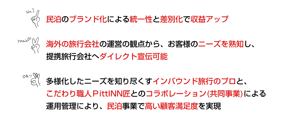 民泊のブランド化による統一性と差別化で収益アップ／海外の旅行会社の運営の観点から、お客様のニーズを熟知し、提携旅行会社へダイレクト宣伝可能／多様化したニーズを知り尽くすインバウンド旅行のプロと、こだわり職人ＰittINN匠とのコラボレーション(共同事業)による運用管理により、民泊事業で高い顧客満足度を実現